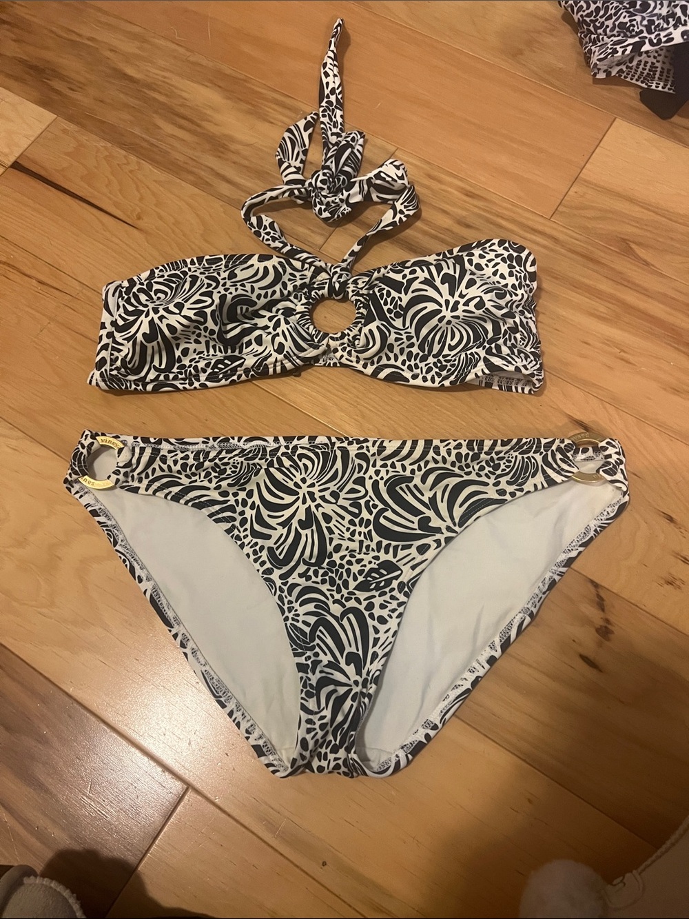 Vineyard Vines Navy Blue and White Floral Bandeau Bikini Set with Ring Detail